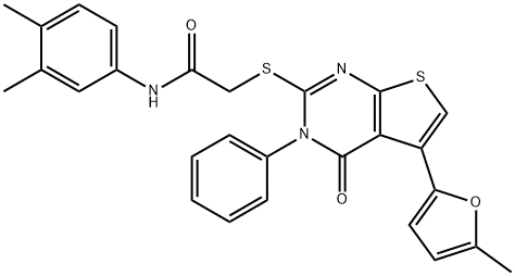 N-(3,4-dimethylphenyl)-2-((5-(5-methylfuran-2-yl)-4-oxo-3-phenyl-3,4-dihydrothieno[2,3-d]pyrimidin-2-yl)thio)acetamide,379239-11-9,结构式