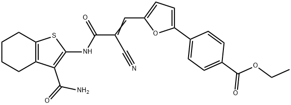 ethyl (E)-4-(5-(3-((3-carbamoyl-4,5,6,7-tetrahydrobenzo[b]thiophen-2-yl)amino)-2-cyano-3-oxoprop-1-en-1-yl)furan-2-yl)benzoate Structure