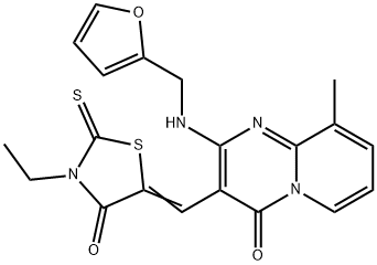 (Z)-3-ethyl-5-((2-((furan-2-ylmethyl)amino)-9-methyl-4-oxo-4H-pyrido[1,2-a]pyrimidin-3-yl)methylene)-2-thioxothiazolidin-4-one 结构式