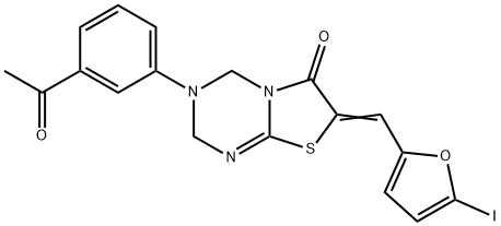 (7Z)-3-(3-acetylphenyl)-7-[(5-iodofuran-2-yl)methylidene]-2,4-dihydro-[1,3]thiazolo[3,2-a][1,3,5]triazin-6-one 化学構造式