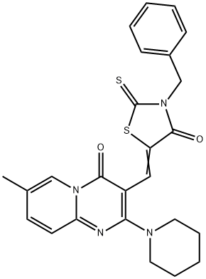 (Z)-3-benzyl-5-((7-methyl-4-oxo-2-(piperidin-1-yl)-4H-pyrido[1,2-a]pyrimidin-3-yl)methylene)-2-thioxothiazolidin-4-one 结构式