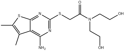 2-((4-amino-5,6-dimethylthieno[2,3-d]pyrimidin-2-yl)thio)-N,N-bis(2-hydroxyethyl)acetamide Struktur