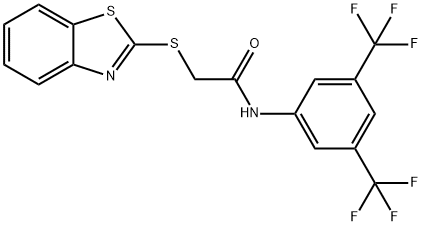 2-(1,3-benzothiazol-2-ylsulfanyl)-N-[3,5-bis(trifluoromethyl)phenyl]acetamide 化学構造式