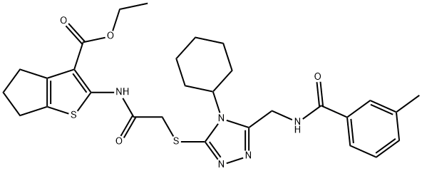 ethyl 2-(2-((4-cyclohexyl-5-((3-methylbenzamido)methyl)-4H-1,2,4-triazol-3-yl)thio)acetamido)-5,6-dihydro-4H-cyclopenta[b]thiophene-3-carboxylate 化学構造式