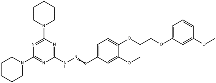 2-[(2E)-2-{3-methoxy-4-[2-(3-methoxyphenoxy)ethoxy]benzylidene}hydrazinyl]-4,6-di(piperidin-1-yl)-1,3,5-triazine Structure