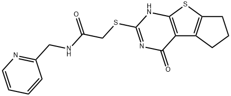 2-((4-oxo-3,5,6,7-tetrahydro-4H-cyclopenta[4,5]thieno[2,3-d]pyrimidin-2-yl)thio)-N-(pyridin-2-ylmethyl)acetamide Struktur