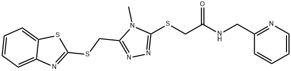 2-((5-((benzo[d]thiazol-2-ylthio)methyl)-4-methyl-4H-1,2,4-triazol-3-yl)thio)-N-(pyridin-2-ylmethyl)acetamide Struktur