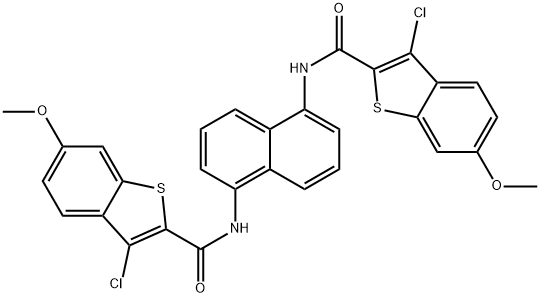 N,N'-1,5-naphthalenediylbis(3-chloro-6-methoxy-1-benzothiophene-2-carboxamide) 化学構造式