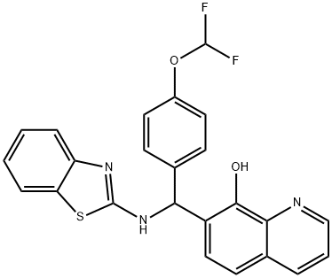 7-((benzo[d]thiazol-2-ylamino)(4-(difluoromethoxy)phenyl)methyl)quinolin-8-ol Structure