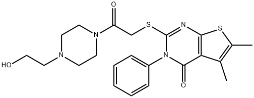 2-((2-(4-(2-hydroxyethyl)piperazin-1-yl)-2-oxoethyl)thio)-5,6-dimethyl-3-phenylthieno[2,3-d]pyrimidin-4(3H)-one,457952-06-6,结构式