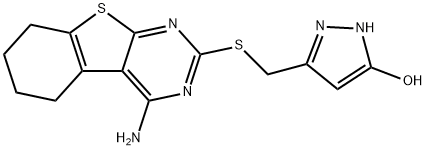 3-(((4-amino-5,6,7,8-tetrahydrobenzo[4,5]thieno[2,3-d]pyrimidin-2-yl)thio)methyl)-1H-pyrazol-5-ol,477526-86-6,结构式