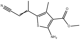 methyl 2-amino-5-[(1E)-1-cyanoprop-1-en-2-yl]-4-methylthiophene-3-carboxylate Struktur