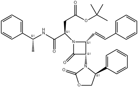 (R)-tert-butyl 4-oxo-3-((3S,4R)-2-oxo-3-((S)-2-oxo-4-phenyloxazolidin-3-yl)-4-((E)-styryl)azetidin-1-yl)-4-(((R)-1-phenylethyl)amino)butanoate 化学構造式