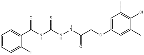 N-({2-[(4-chloro-3,5-dimethylphenoxy)acetyl]hydrazino}carbonothioyl)-2-iodobenzamide Structure