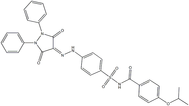 N-[4-[2-(3,5-dioxo-1,2-diphenyl-pyrazolidin-4-ylidene)hydrazinyl]phenyl]sulfonyl-4-propan-2-yloxy-benzamide Struktur