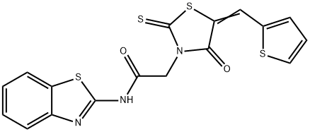 (E)-N-(benzo[d]thiazol-2-yl)-2-(4-oxo-5-(thiophen-2-ylmethylene)-2-thioxothiazolidin-3-yl)acetamide 化学構造式