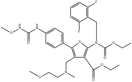 ethyl 2-((2,6-difluorobenzyl)(ethoxycarbonyl)amino)-4-(((2-methoxyethyl)(methyl)amino)methyl)-5-(4-(3-methoxyureido)phenyl)thiophene-3-carboxylate|737789-92-3