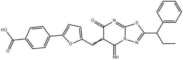 4-(5-{(E)-[5-imino-7-oxo-2-(1-phenylpropyl)-5H-[1,3,4]thiadiazolo[3,2-a]pyrimidin-6(7H)-ylidene]methyl}furan-2-yl)benzoic acid Structure