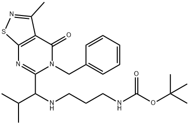 tert-butyl (3-((1-(5-benzyl-3-methyl-4-oxo-4,5-dihydroisothiazolo[5,4-d]pyrimidin-6-yl)-2-methylpropyl)amino)propyl)carbamate Structure