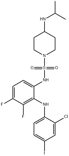 N-[2-(2-chloro-4-iodoanilino)-3,4-difluorophenyl]-4-(propan-2-ylamino)piperidine-1-sulfonamide Struktur