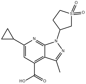 6-cyclopropyl-1-(1,1-dioxidotetrahydro-3-thienyl)-3-methyl-1H-pyrazolo[3,4-b]pyridine-4-carboxylic acid Struktur