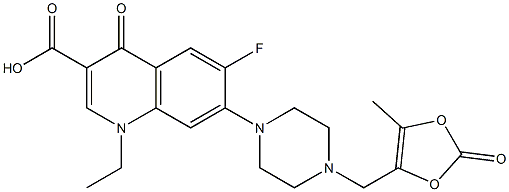 1-ethyl-6-fluoro-7-[4-[(5-methyl-2-oxo-1,3-dioxol-4-yl)methyl]piperazin-1-yl]-4-oxo-quinoline-3-carboxylic acid 化学構造式