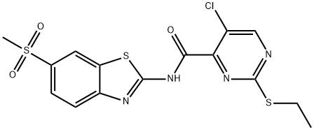 5-chloro-2-ethylsulfanyl-N-(6-methylsulfonyl-1,3-benzothiazol-2-yl)pyrimidine-4-carboxamide 结构式