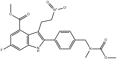 methyl 6-fluoro-2-(4-(((methoxycarbonyl)(methyl)amino)methyl)phenyl)-3-(2-nitroethyl)-1H-indole-4-carboxylate 化学構造式