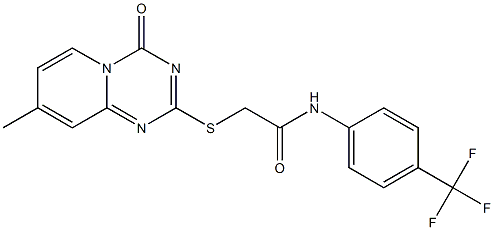 2-(8-methyl-4-oxopyrido[1,2-a][1,3,5]triazin-2-yl)sulfanyl-N-[4-(trifluoromethyl)phenyl]acetamide 化学構造式