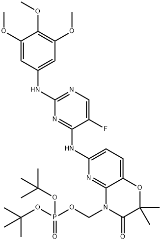 Ditert-butyl [6-[[5-fluoro-2-(3,4,5-trimethoxyanilino)pyrimidin-4-yl]amino]-2,2-dimethyl-3-oxo-pyrido[3,2-b][1,4]oxazin-4-yl]methyl phosphate 化学構造式