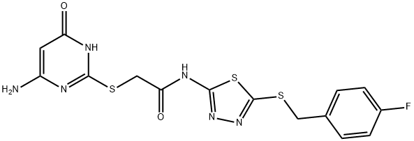 2-[(4-amino-6-oxo-1,6-dihydropyrimidin-2-yl)sulfanyl]-N-{5-[(4-fluorobenzyl)sulfanyl]-1,3,4-thiadiazol-2-yl}acetamide 化学構造式