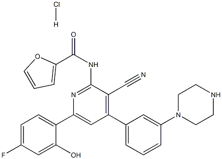 N-(3-cyano-6-(4-fluoro-2-hydroxyphenyl)-4-(3-(piperazin-1-yl)phenyl)pyridin-2-yl)furan-2-carboxamide hydrochloride Structure