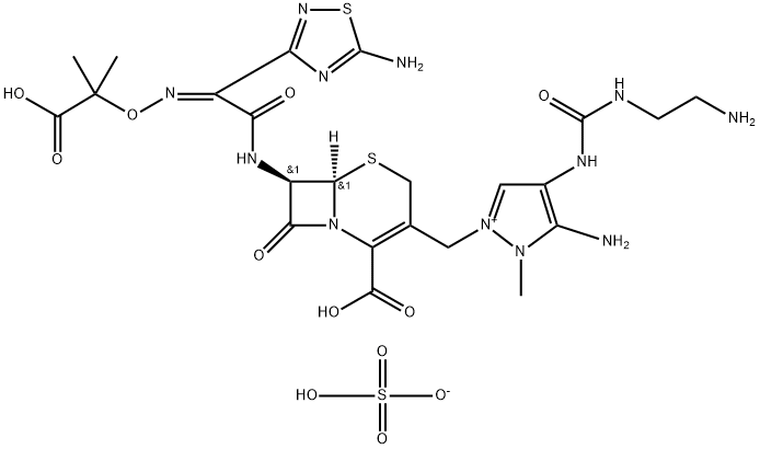 5-amino-2-(((6R,7R)-7-((Z)-2-(5-amino-1,2,4-thiadiazol-3-yl)-2-(((2-carboxypropan-2-yl)oxy)imino)acetamido)-2-carboxy-8-oxo-5-thia-1-azabicyclo[4.2.0]oct-2-en-3-yl)methyl)-4-(3-(2-aminoethyl)ureido)-1-methyl-1H-pyrazol-2-iumhydrogensulfate Structure