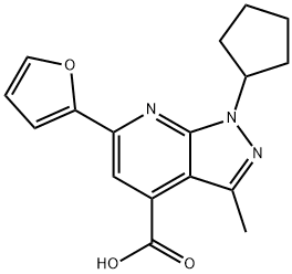 1-シクロペンチル-6-(2-フリル)-3-メチル-1H-ピラゾロ[3,4-B]ピリジン-4-カルボン酸 化学構造式