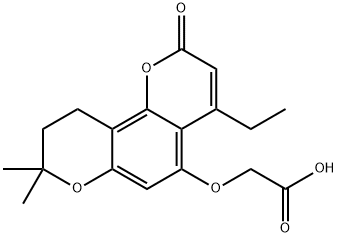 2-[(4-ethyl-8,8-dimethyl-2-oxo-9,10-dihydropyrano[2,3-h]chromen-5-yl)oxy]acetic acid Struktur