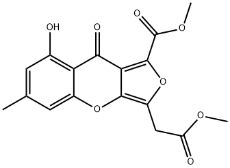 Methyl 8-hydroxy-3-(2-methoxy-2-oxoethyl)-6-methyl-9-oxo-9H-furo[3,4-b]chromene-1-carboxylate Struktur