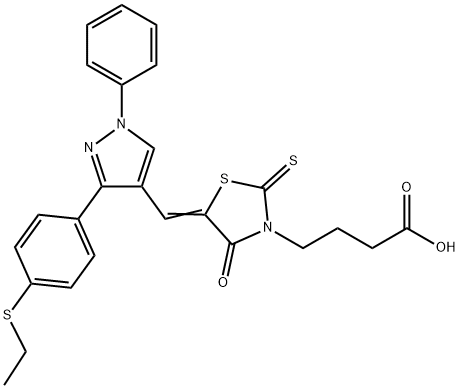 4-[(5Z)-5-({3-[4-(ethylsulfanyl)phenyl]-1-phenyl-1H-pyrazol-4-yl}methylidene)-4-oxo-2-thioxo-1,3-thiazolidin-3-yl]butanoic acid Struktur