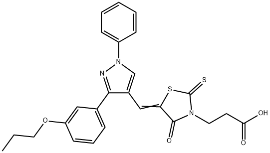 3-[(5Z)-4-oxo-5-{[1-phenyl-3-(3-propoxyphenyl)-1H-pyrazol-4-yl]methylidene}-2-thioxo-1,3-thiazolidin-3-yl]propanoic acid 化学構造式