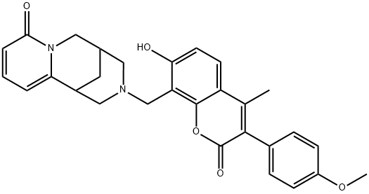 3-((7-hydroxy-3-(4-methoxyphenyl)-4-methyl-2-oxo-2H-chromen-8-yl)methyl)-3,4,5,6-tetrahydro-1H-1,5-methanopyrido[1,2-a][1,5]diazocin-8(2H)-one 化学構造式