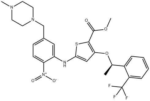 (R)-methyl 5-((5-((4-methylpiperazin-1-yl)methyl)-2-nitrophenyl)amino)-3-(1-(2-(trifluoromethyl)phenyl)ethoxy)thiophene-2-carboxylate 化学構造式