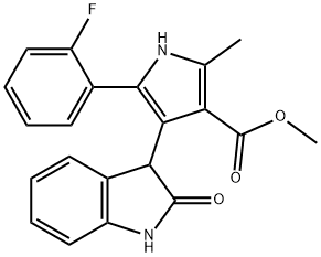 methyl 5-(2-fluorophenyl)-2-methyl-4-(2-oxo-2,3-dihydro-1H-indol-3-yl)-1H-pyrrole-3-carboxylate Struktur