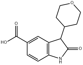 1H-INDOLE-5-CARBOXYLIC ACID, 2,3-DIHYDRO-2-OXO-3-(TETRAHYDRO-2H-PYRAN-4-YL)- 化学構造式