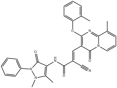 (2E)-2-cyano-N-(1,5-dimethyl-3-oxo-2-phenyl-2,3-dihydro-1H-pyrazol-4-yl)-3-[9-methyl-2-(2-methylphenoxy)-4-oxo-4H-pyrido[1,2-a]pyrimidin-3-yl]prop-2-enamide Struktur