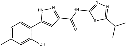 3-(2-hydroxy-4-methylphenyl)-N-(5-isopropyl-1,3,4-thiadiazol-2-yl)-1H-pyrazole-5-carboxamide Struktur