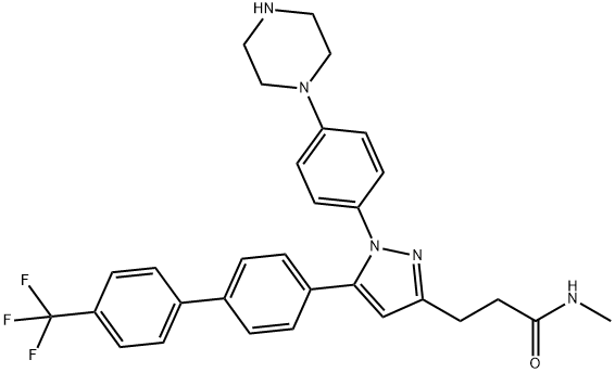 N-methyl-3-(1-(4-(piperazin-1-yl)phenyl)-5-(4'-(trifluoromethyl)-[1,1'-biphenyl]-4-yl)-1H-pyrazol-3-yl)propanamide Struktur