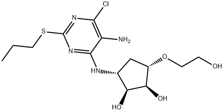 (1S,2S,3R,5S)-3-(5-Amino-6-chloro-2-(propylthio)pyrimidin-4-ylamino)-5-(2-hydroxyethoxy)cyclopentane-1,2-diol 化学構造式