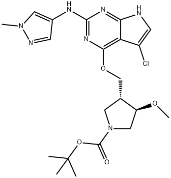 (3R,4R)-tert-butyl 3-((5-chloro-2-(1-methyl-1H-pyrazol-4-ylamino)-7H-pyrrolo[2,3-d]pyrimidin-4-yloxy)methyl)-4-methoxypyrrolidine-1-carboxylate Structure