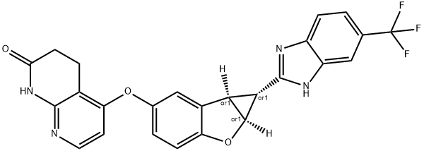 5-(((1R,1aS,6bR)-1-(6-(trifluoromethyl)-1H-benzo[d]imidazol-2-yl)-1a,6b-dihydro-1H-cyclopropa[b]benzofuran-5-yl)oxy)-3,4-dihydro-1,8-naphthyridin-2(1H)-one 化学構造式