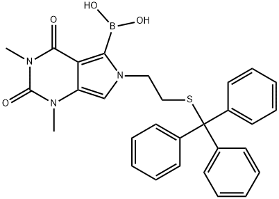 (1,3-dimethyl-2,4-dioxo-6-(2-(tritylthio)ethyl)-2,3,4,6-tetrahydro-1H-pyrrolo[3,4-d]pyrimidin-5-yl)boronicacid Struktur