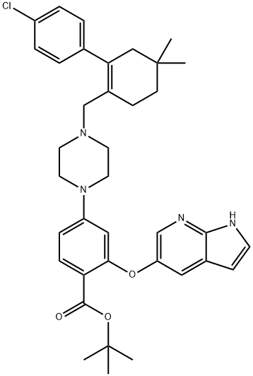 Benzoic acid, 4-[4-[[2-(4-chlorophenyl)-4,4-dimethyl-1-cyclohexen-1-yl]methyl]-1-piperazinyl]-2-(1H-pyrrolo[2,3-b]pyridin-5-yloxy)-, 1,1-dimethylethyl ester 化学構造式